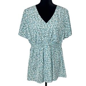 🌹Fun July - Aqua & White Ditsy Floral V-Neck Blouse - Size 2X